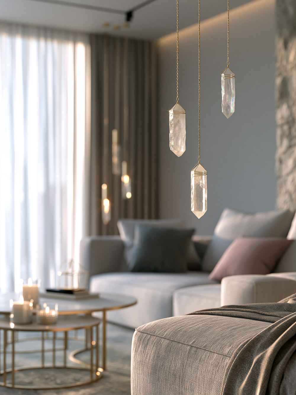An illustrative room with hanging crystals and softly lit natural textures.