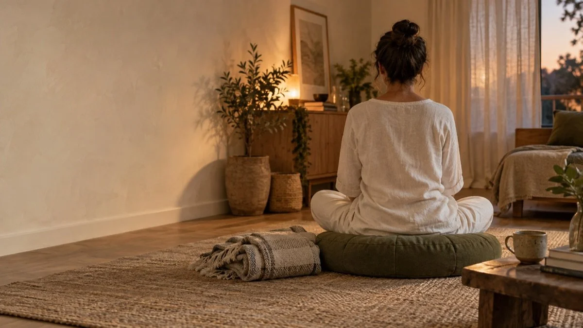 An illustrative scene of a person meditating on a cushion in a softly lit home.