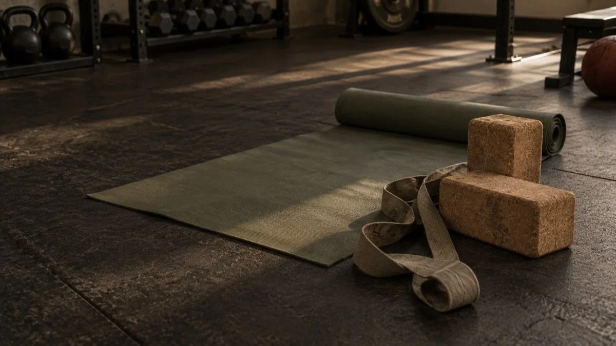Illustrative yoga scene with a green mat, cork blocks, and a woven strap on a charcoal gym floor.