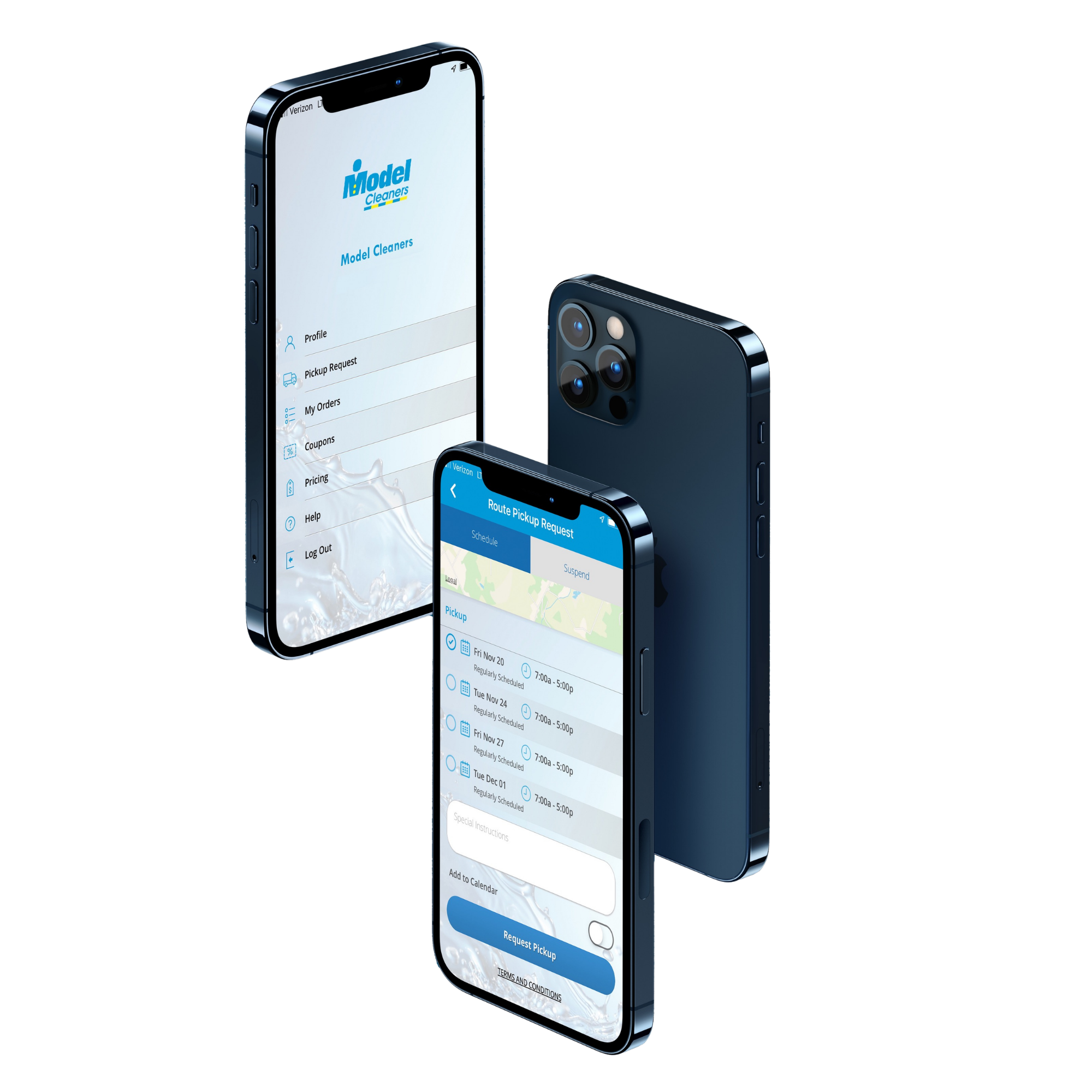 Model Cleaners mobile app shown on iPhone displaying pickup and delivery scheduling for dry cleaning customers in Pittsburgh, Western PA, and Morgantown, WV