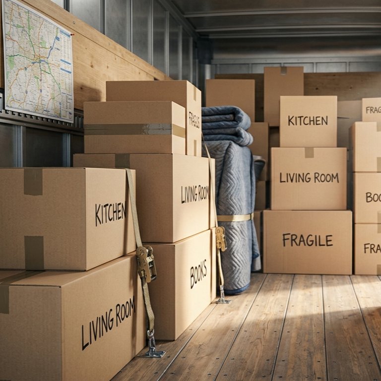 stacked cardboard moving boxes in a truck doorway