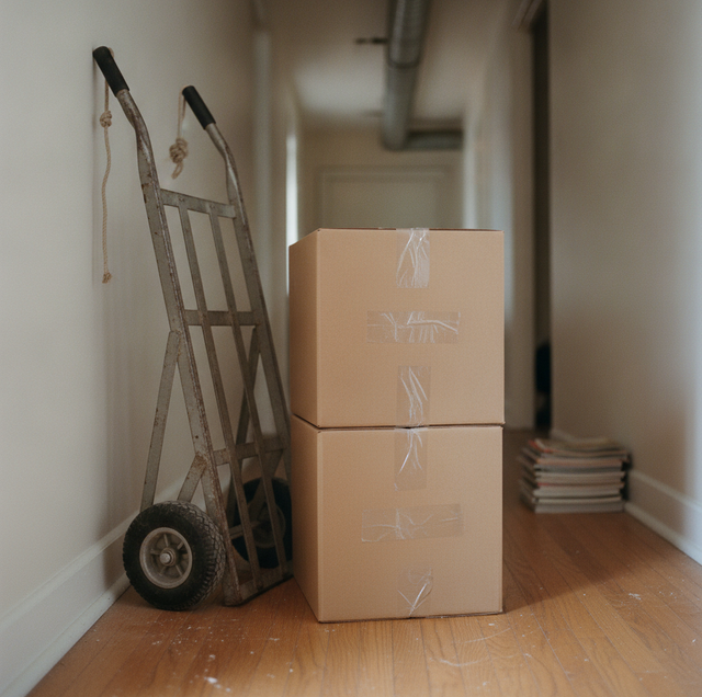 moving boxes stacked in a rented truck