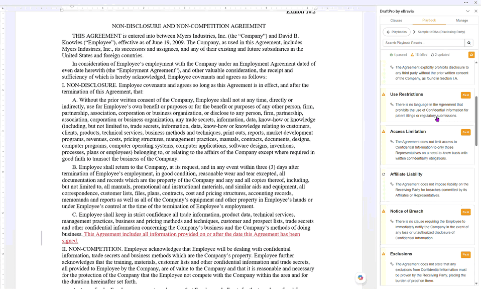 Animated DraftPro by eBrevia preview showing playbook checks and contract guidance inside Microsoft Word