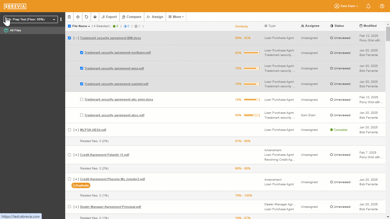 Animated eBrevia workflow comparing a contract against a template