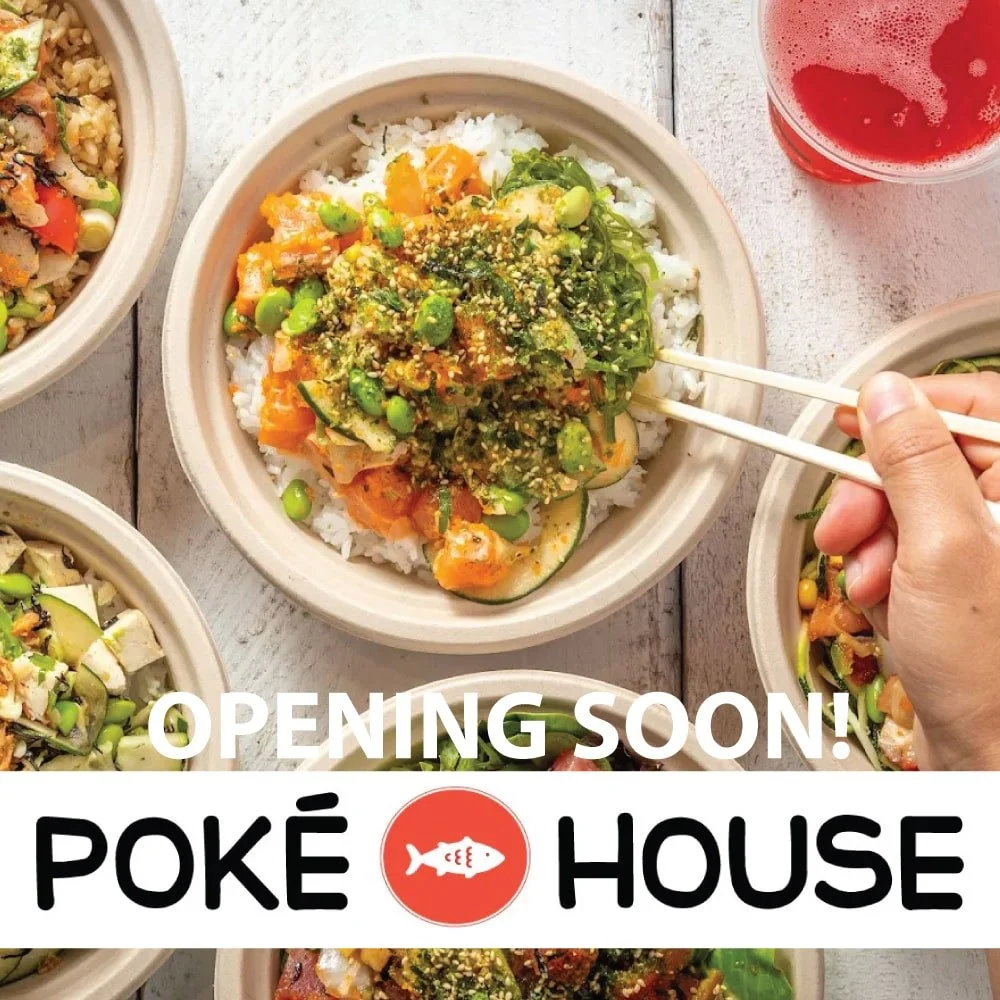 A bowl of poke food. There is text saying Opening soon, poke house.