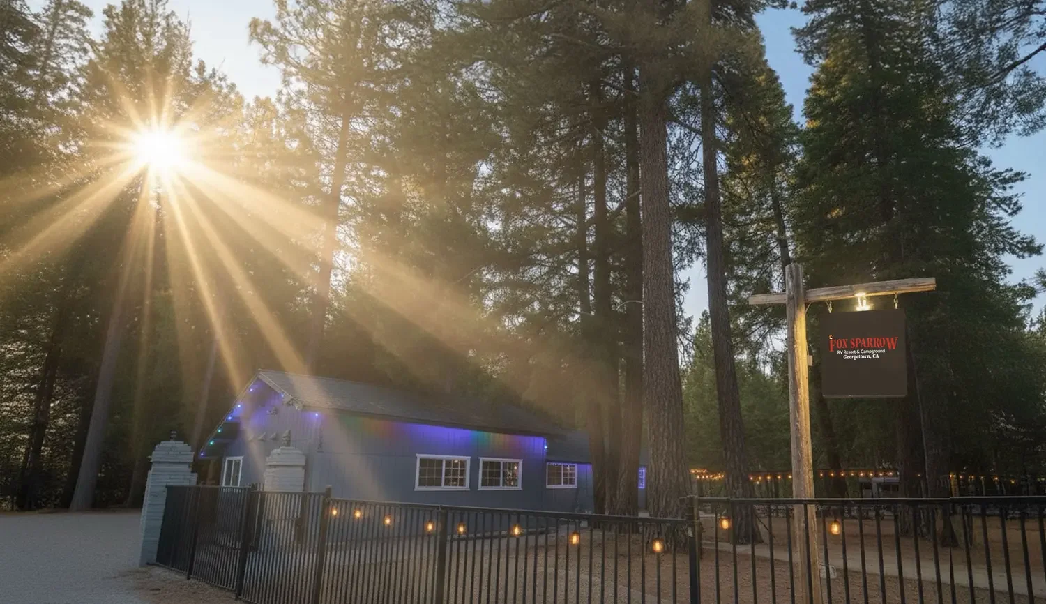 Sunlight streaming through tall pines at Fox Sparrow RV Resort