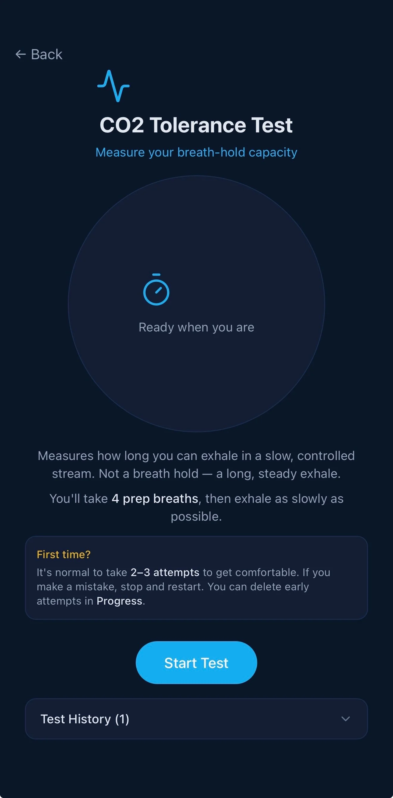 PNEO CO2 Tolerance Test screen showing the breathing circle and Start Test button