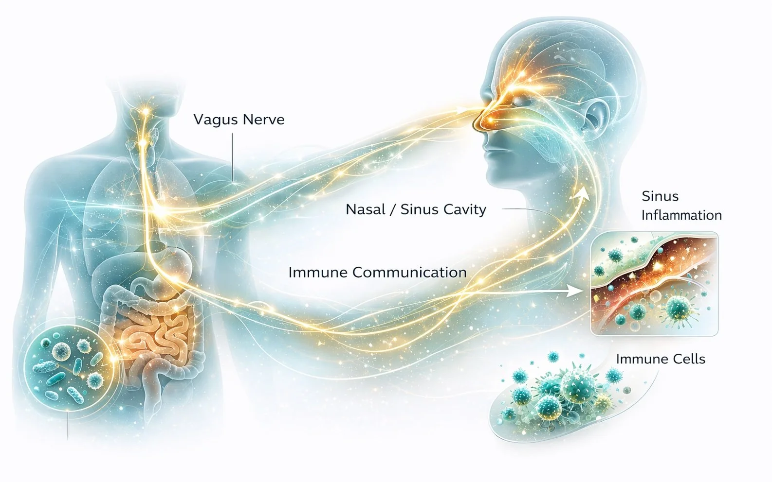 Illustration of the gut–nasal axis: glowing pathways connecting the gut microbiome to the nasal sinuses, with labels for the vagus nerve, immune communication, sinus inflammation, and immune cells.