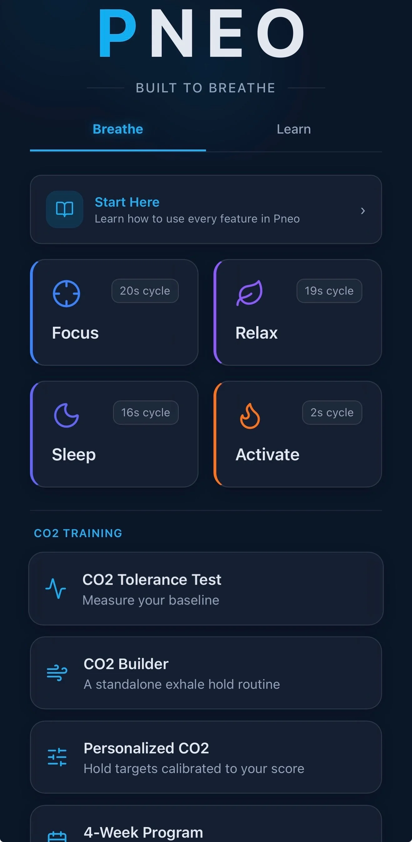 PNEO app home screen showing Focus, Relax, Sleep, and Activate techniques plus CO2 Training