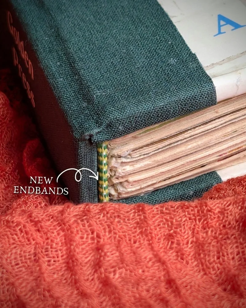 Newly sewn endbands at the head and tail of the spine.
