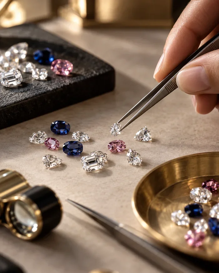 Diamonds and colored gemstones selected with tweezers