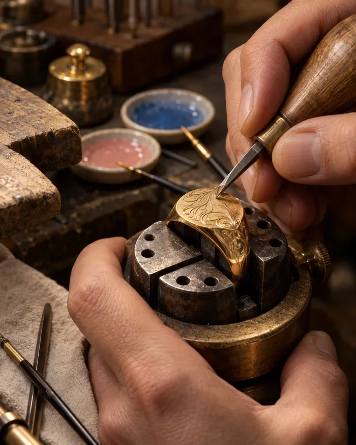 Hand engraving a gold signet ring beside enamel tools