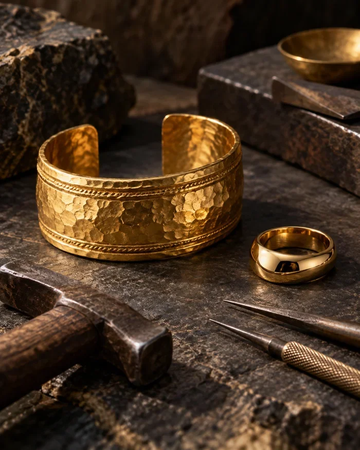 Gold adornments and hand tools illustrating the continuity of jewelry making