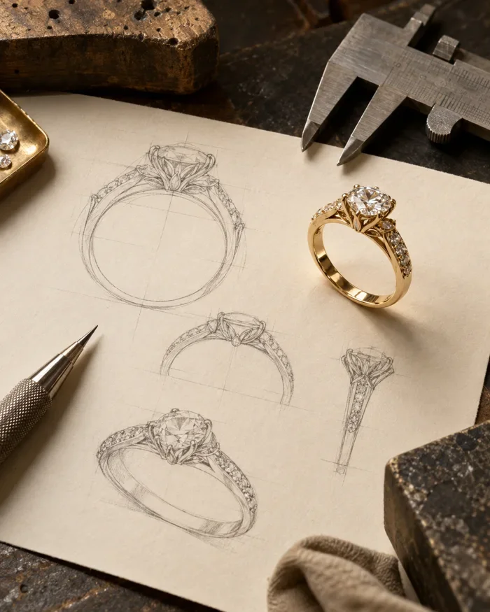 Jewelry design sketch with a gold ring and measuring tools