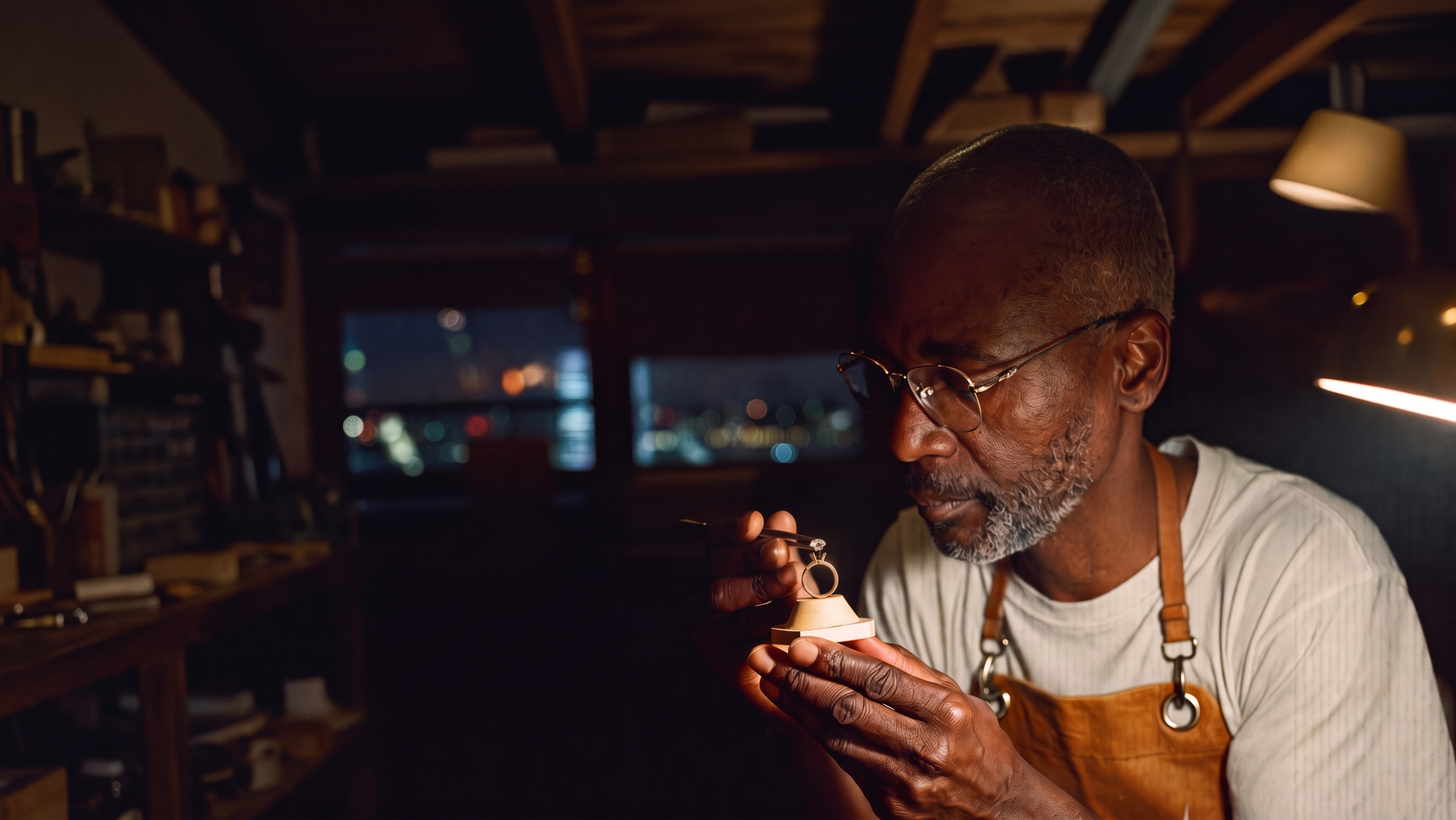 Master jeweller setting a diamond into a gold ring at his bench