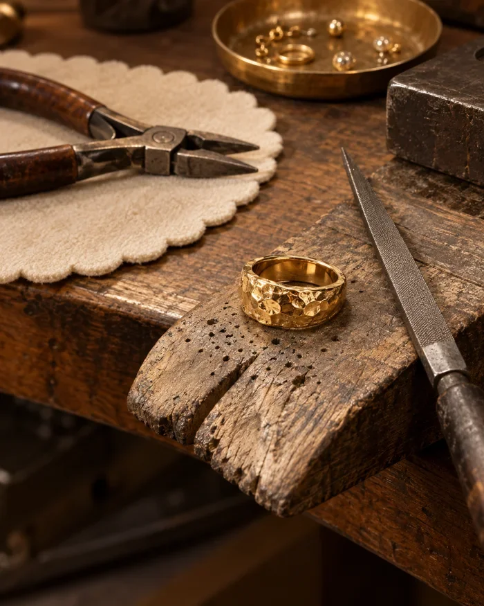 Gold ring worked by hand at a jeweler’s bench