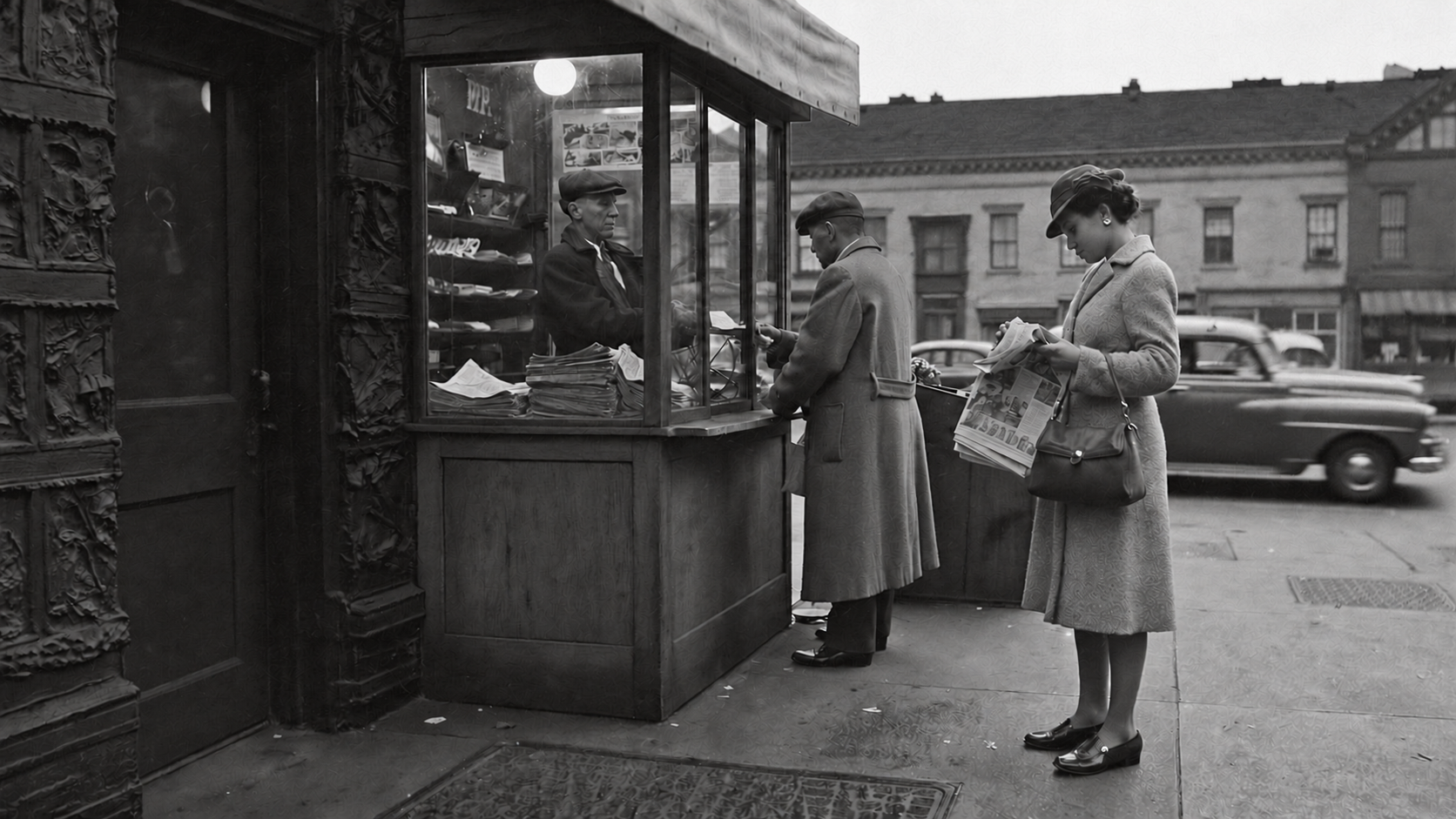 Customers reading newspapers at a vintage New York newsstand