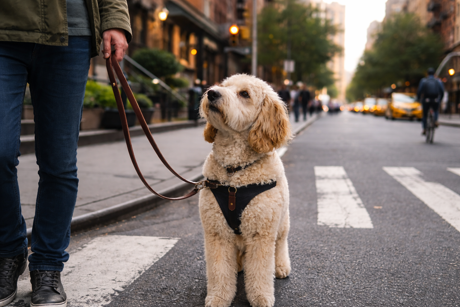 Calm dog on leash on a Manhattan sidewalk during training