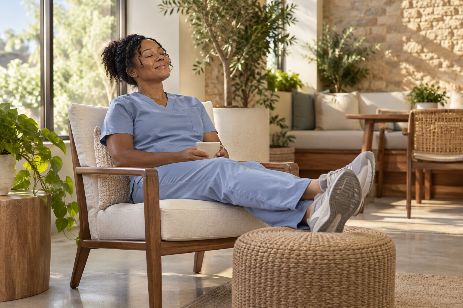 Nurse in scrubs resting with a cup of tea