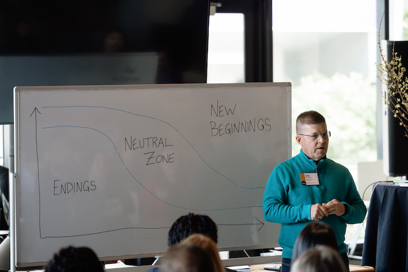 A facilitator standing beside a whiteboard showing a change curve with the words Endings, Neutral Zone and New Beginnings