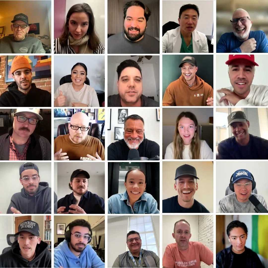 Grid of Arena members smiling on a live community call