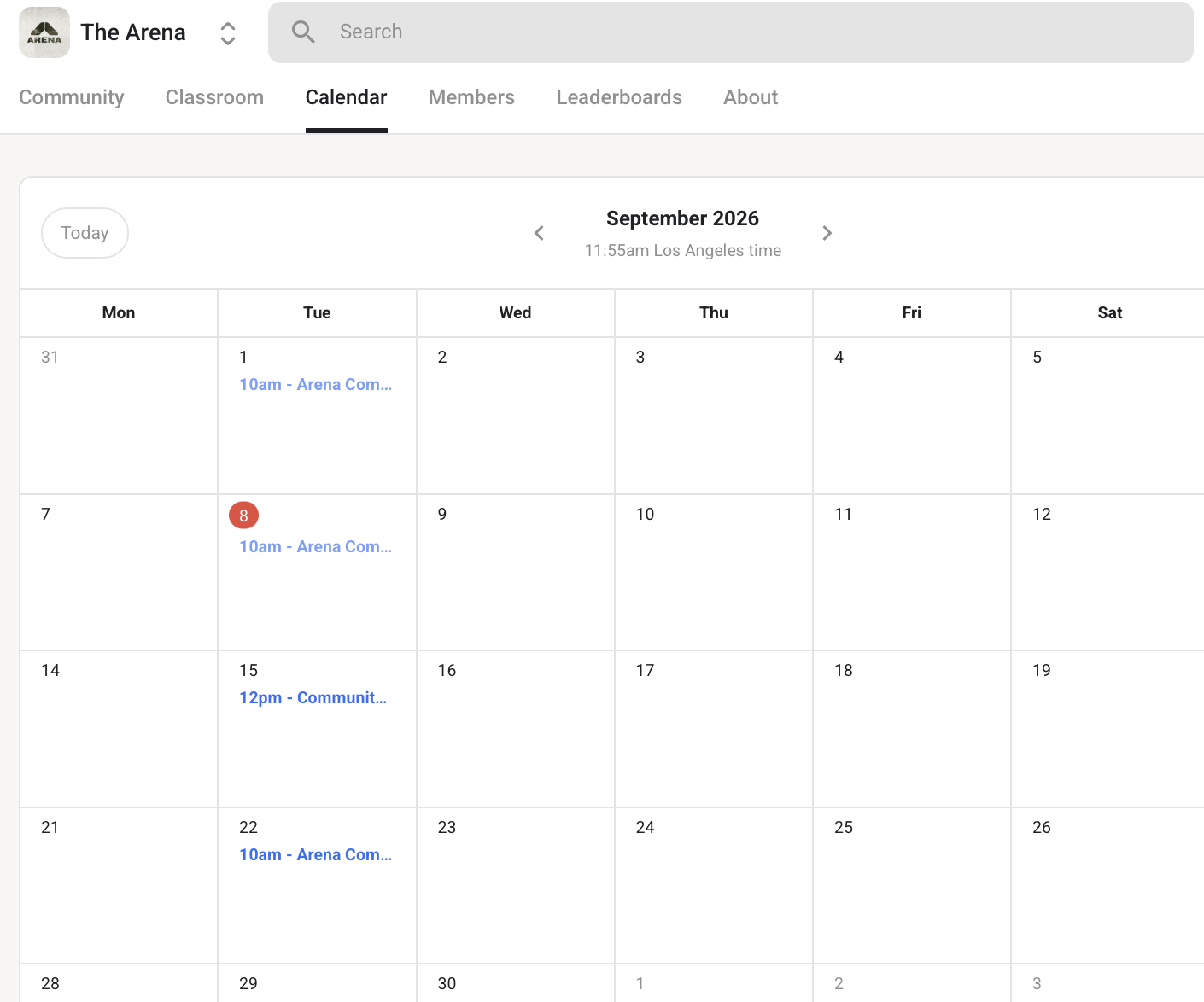 The Arena calendar on Skool, showing upcoming live calls