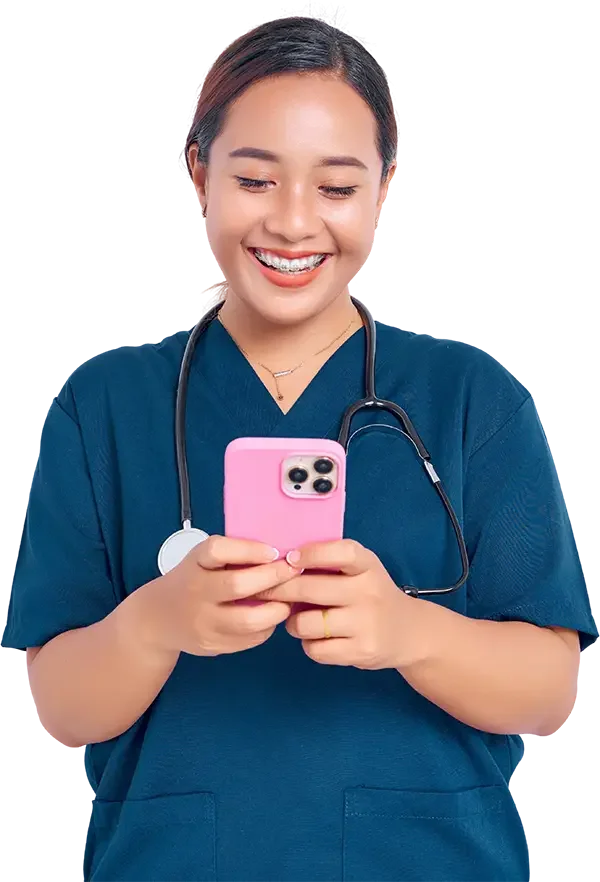 Nurse using the Ollivate app during a short study break