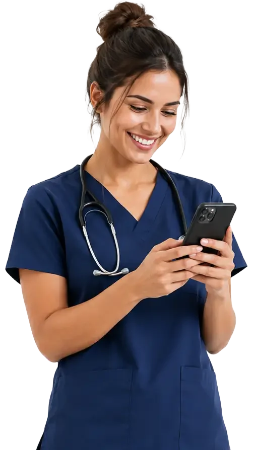 Smiling nurse using a phone