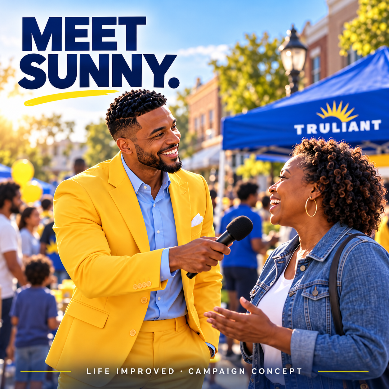 Sunny in a yellow suit hosting a proposed Truliant community conversation