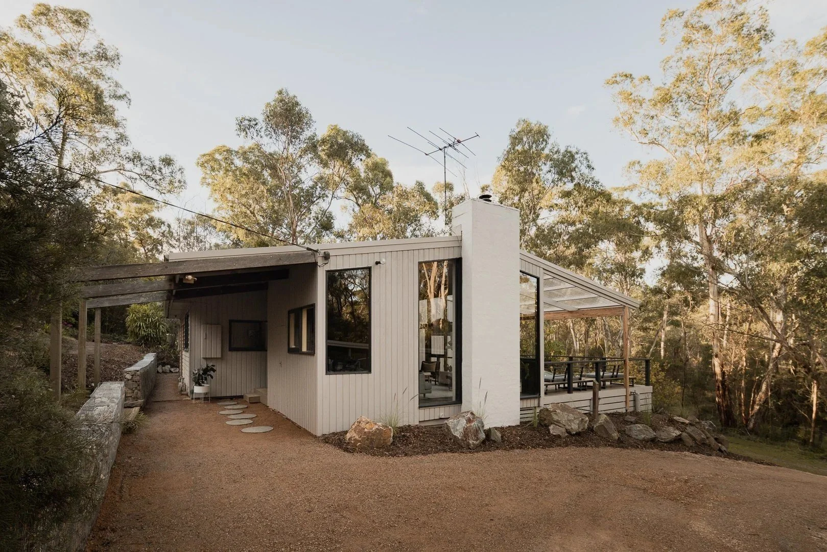 The driveway approach: the white house, chimney and covered outdoor room among tall gums