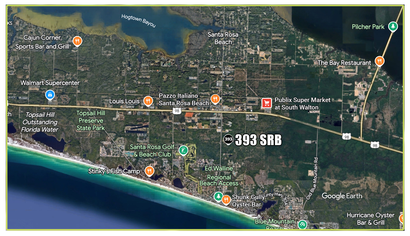Restaurants near 393 S.R.B Office: Cajun Corner Sports Bar and Grill, Louis Louis, Pazzo Italiano Santa Rosa Beach, The Bay Restaurant, Stinky's Fish Camp, Shunk Gully Oyster Bar, Hurricane Oyster Bar and Grill