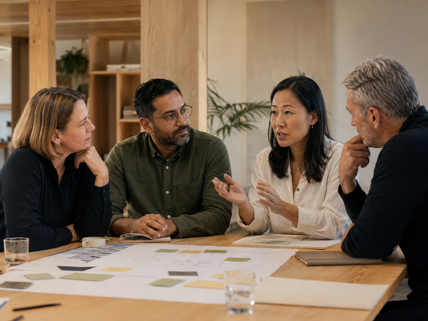 A diverse team in conversation around a table, representing organisational culture transformation.