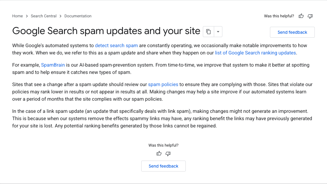 Google Search Central documentation explaining spam updates and how SpamBrain works