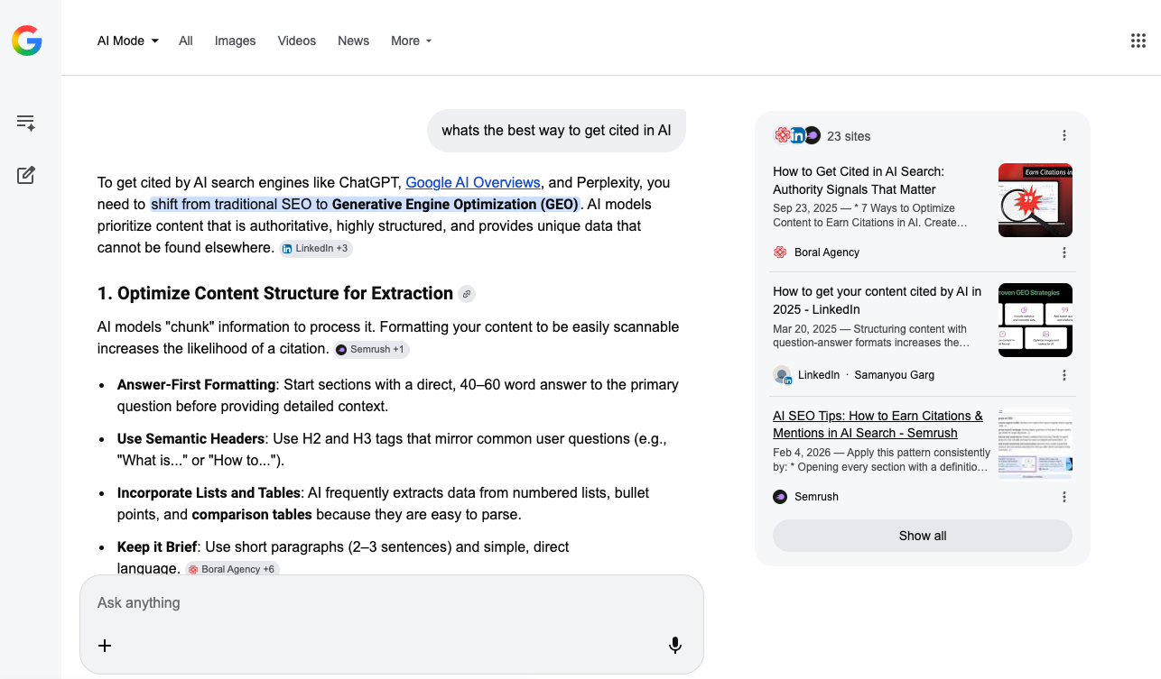 Google AI Mode returning a full-page AI-generated answer with cited sources for a GEO-related search query