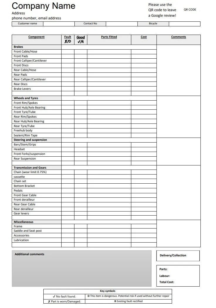 Example filled-in service record, branded for Barn Cycle Repairs