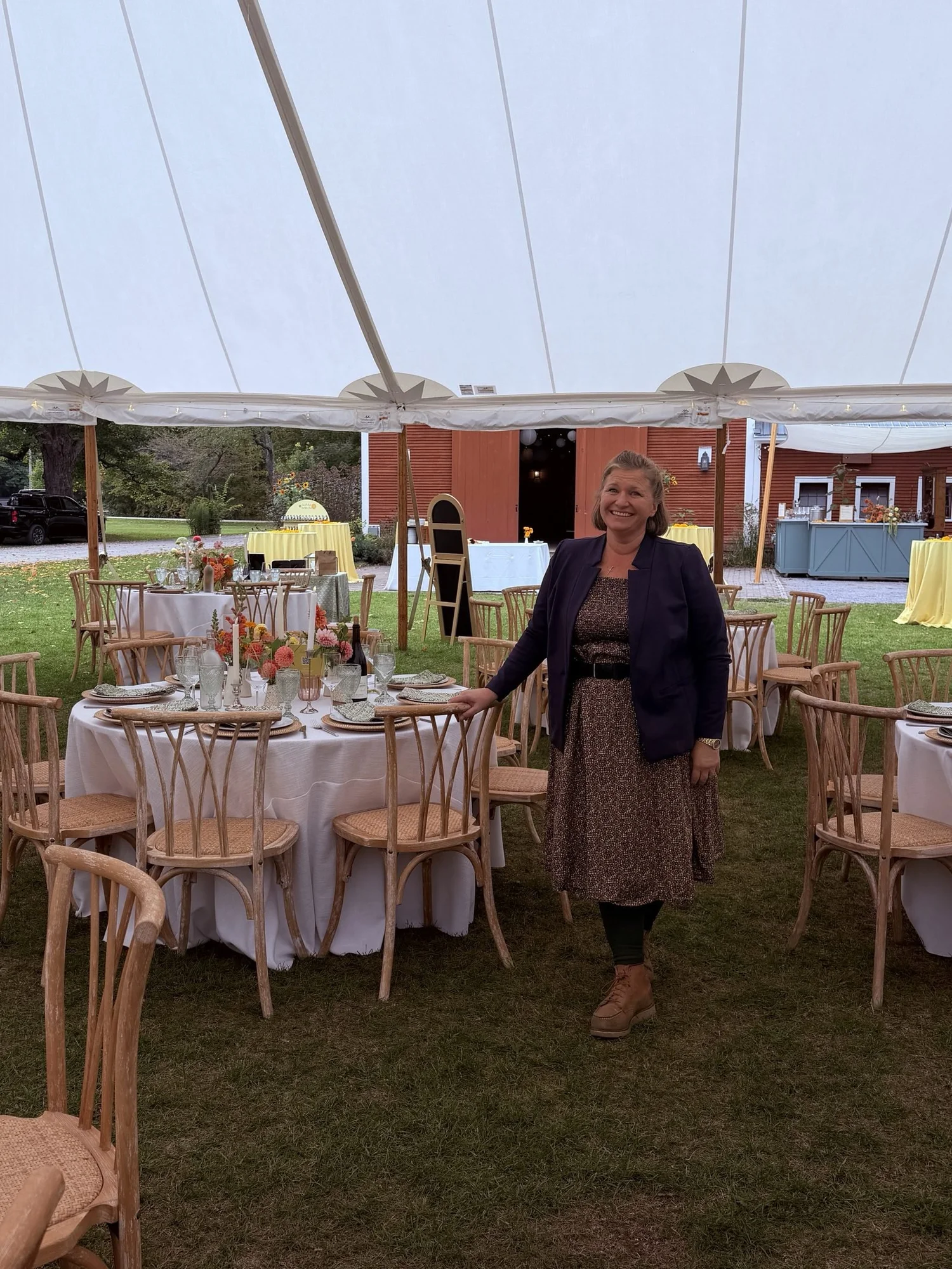 Danielle McFarland in a tented wedding reception