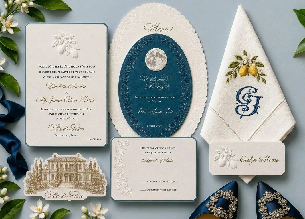 Luxury BellInvito custom wedding invitation suite with fine printing, embroidered linen and Italian-inspired details.
