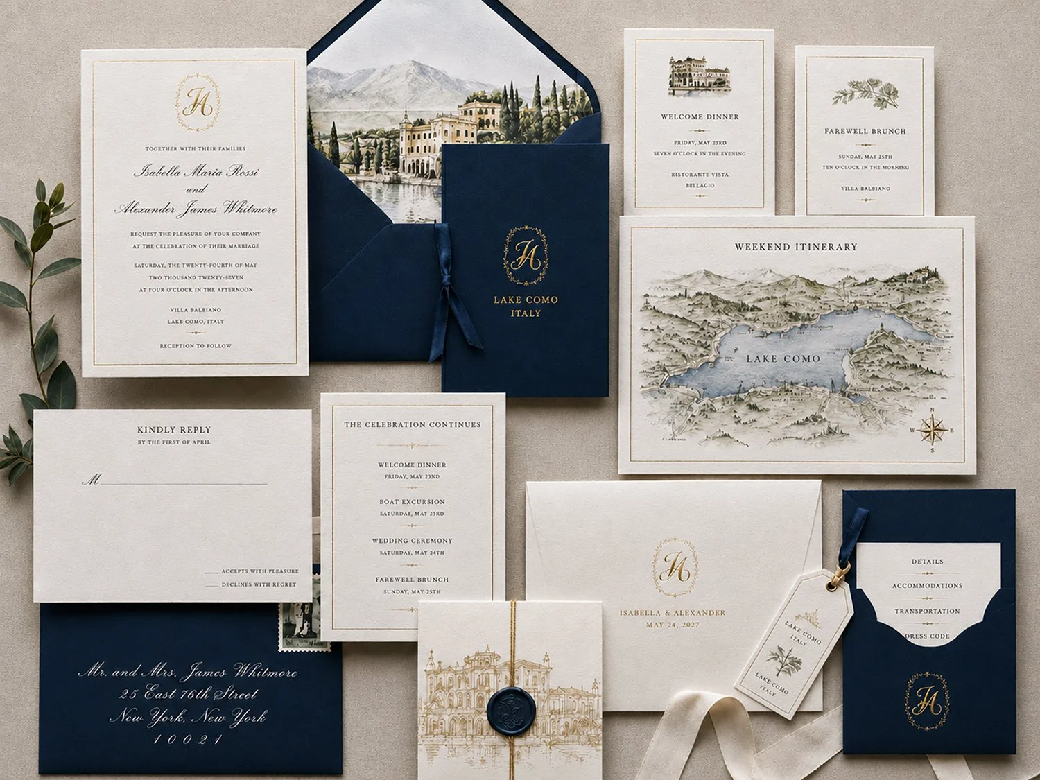 BellInvito original commissioned wedding invitation suite for Lake Como, Italy