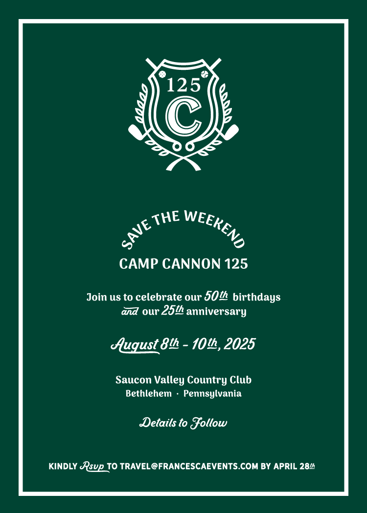 Mary and Colbert | Save the Date | Camp Cannon 125 | August 8–10, 2025