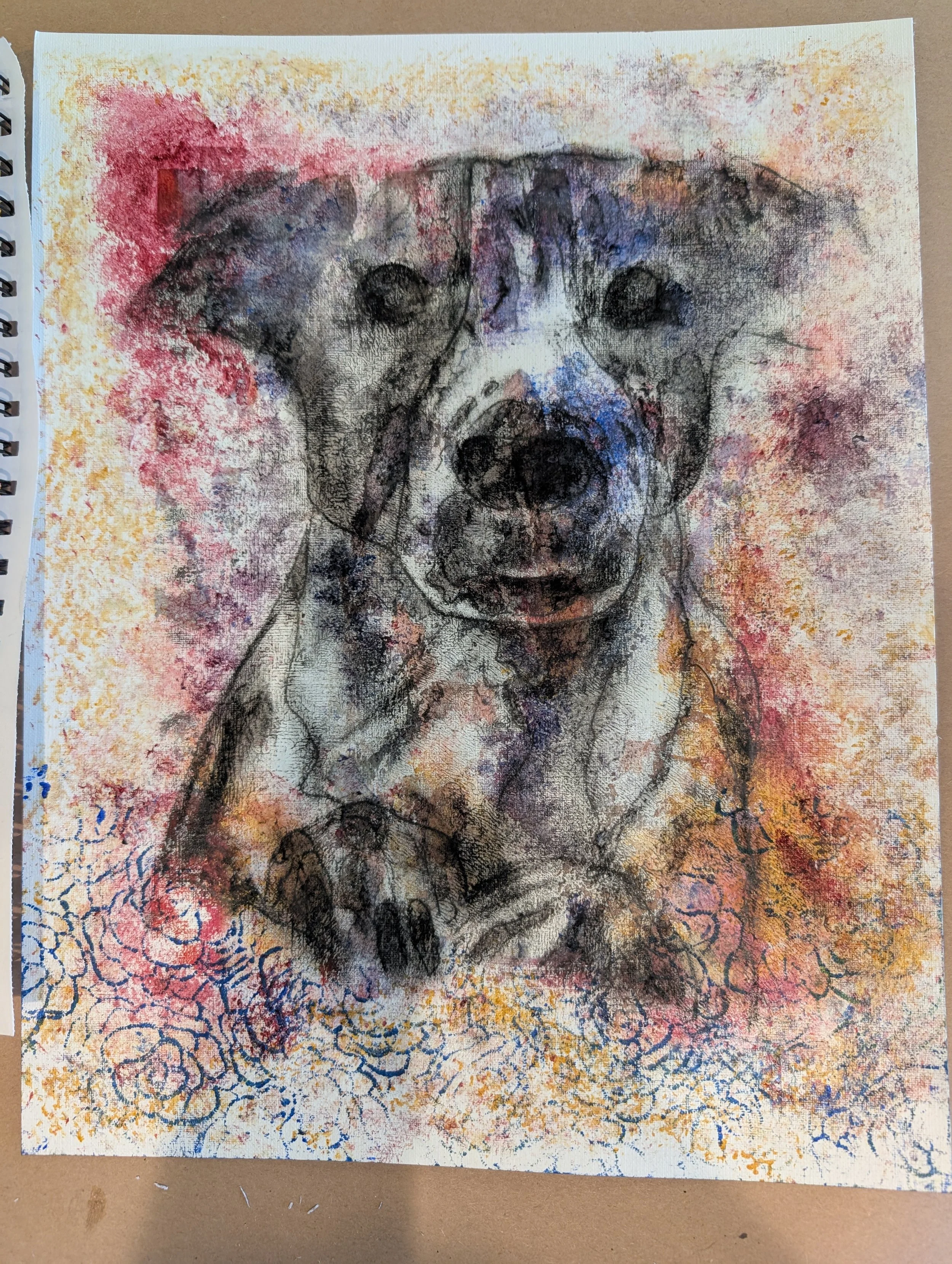Pencil portrait sketch of a dog made in a multi-media pet portraiture class