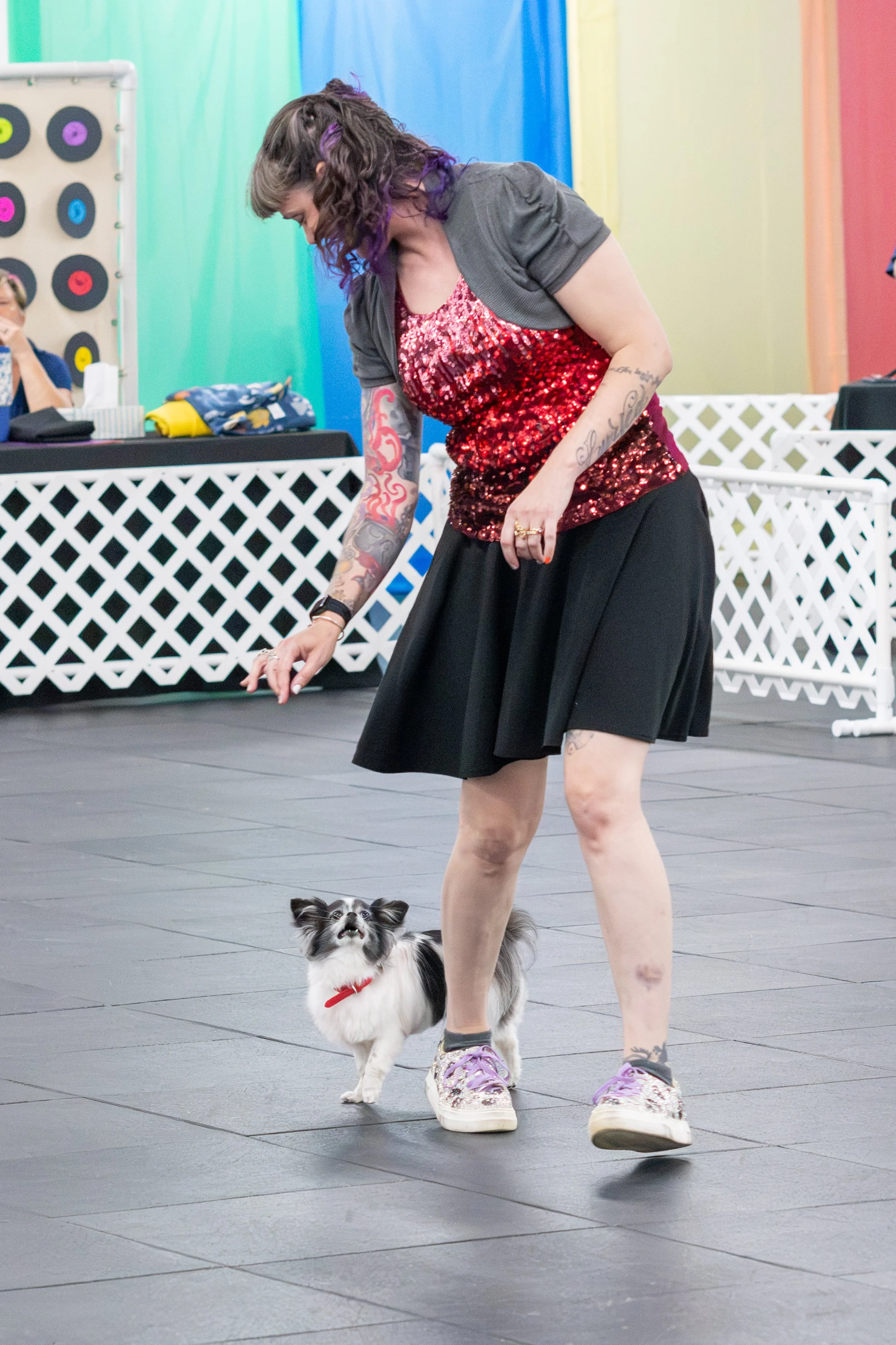 Handler cueing a dog during a freestyle dance class
