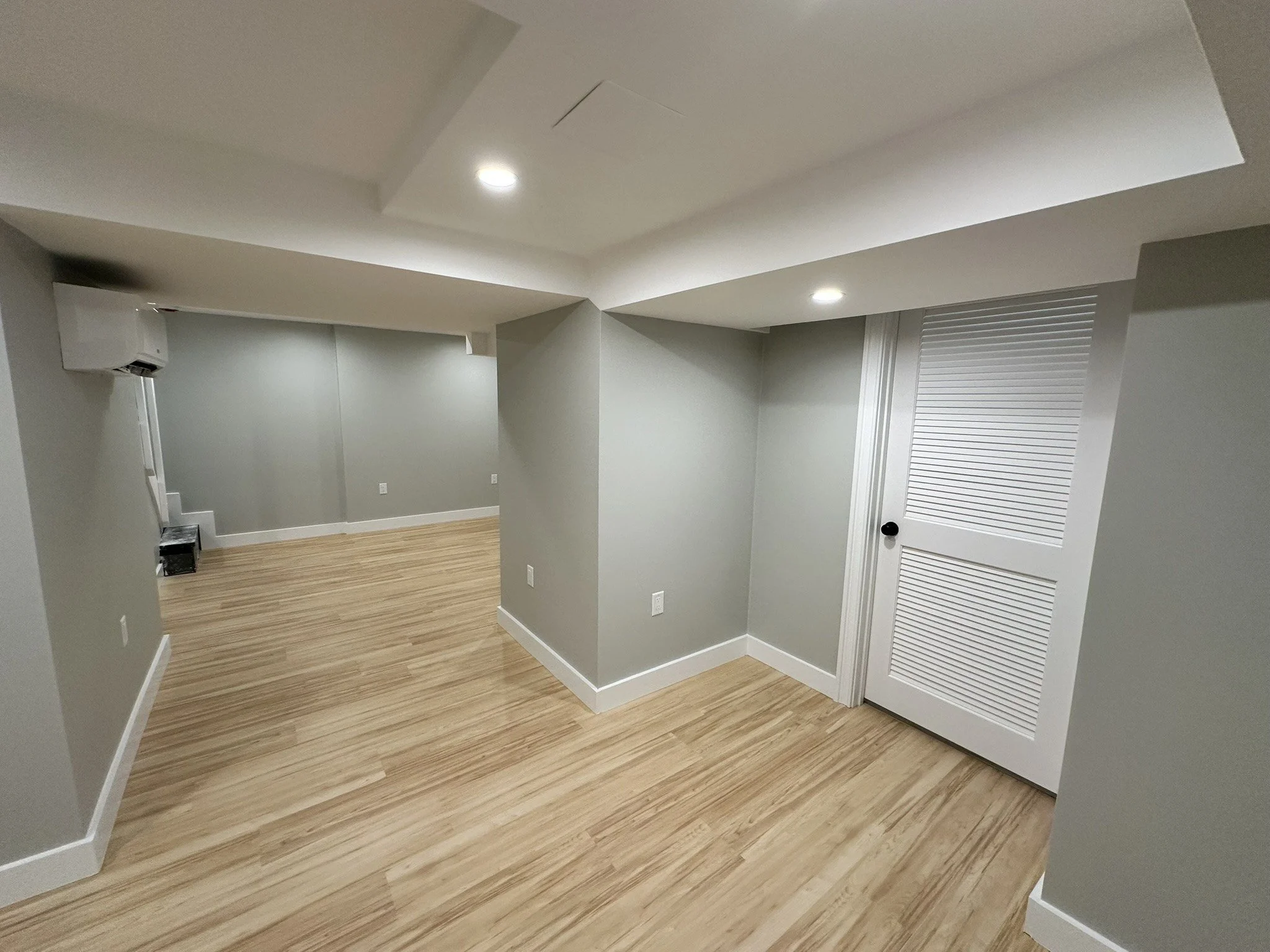 Finished basement showing plank flooring and white doors
