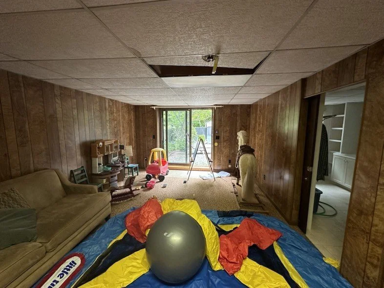 Basement before renovation with wood wainscoting and suspended ceiling