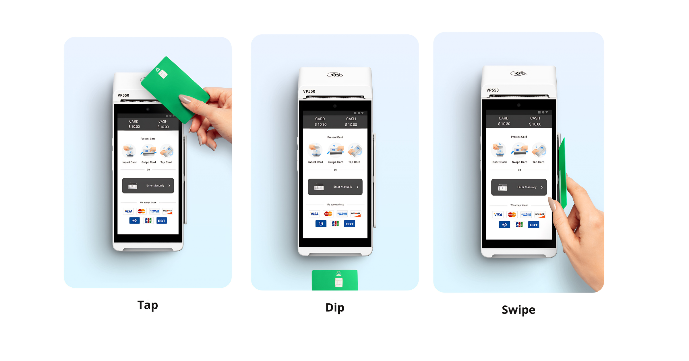 Valor VP550 accepting tap, dip and swipe credit card payments