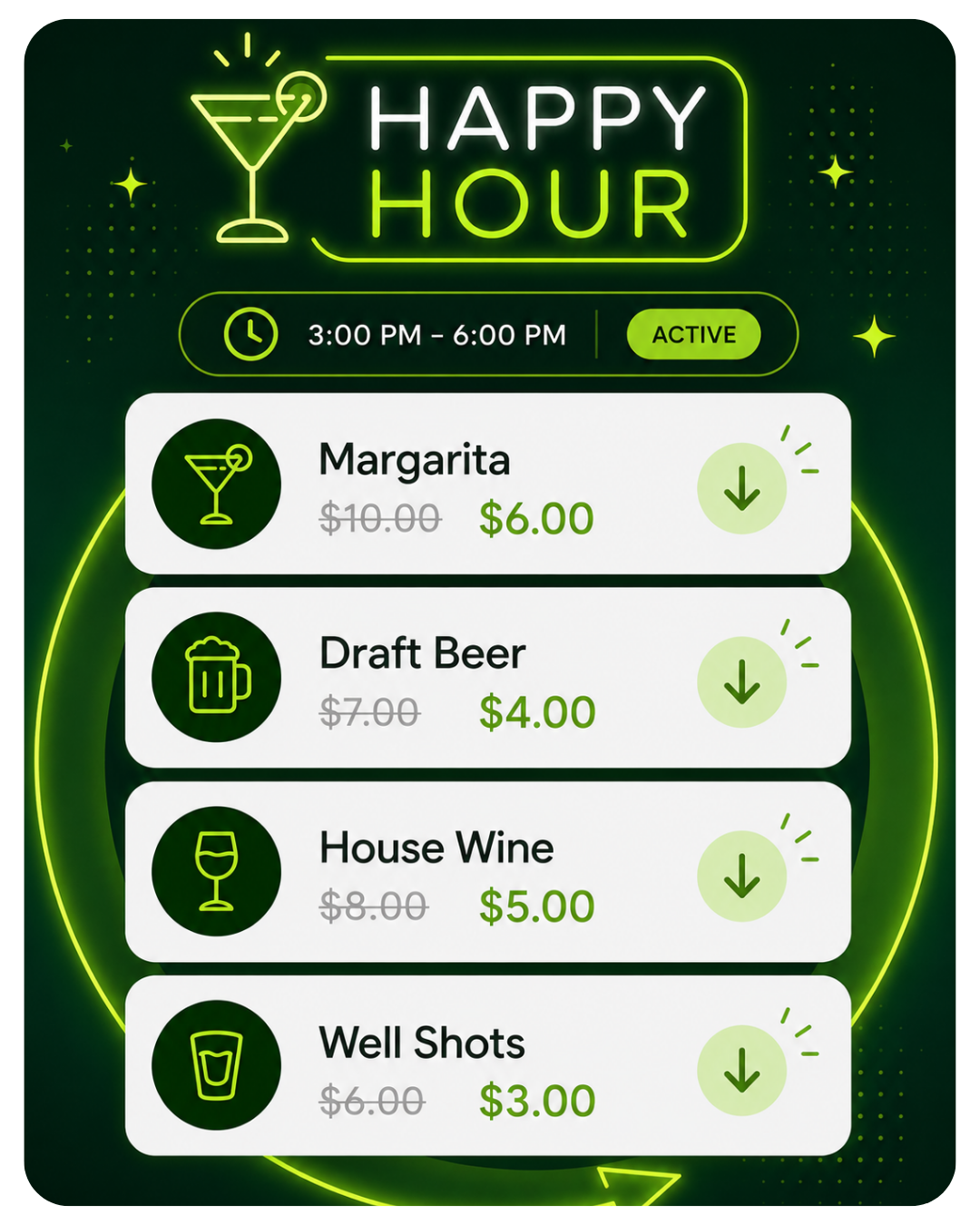 Clover happy hour specials and automatic discounts for bars