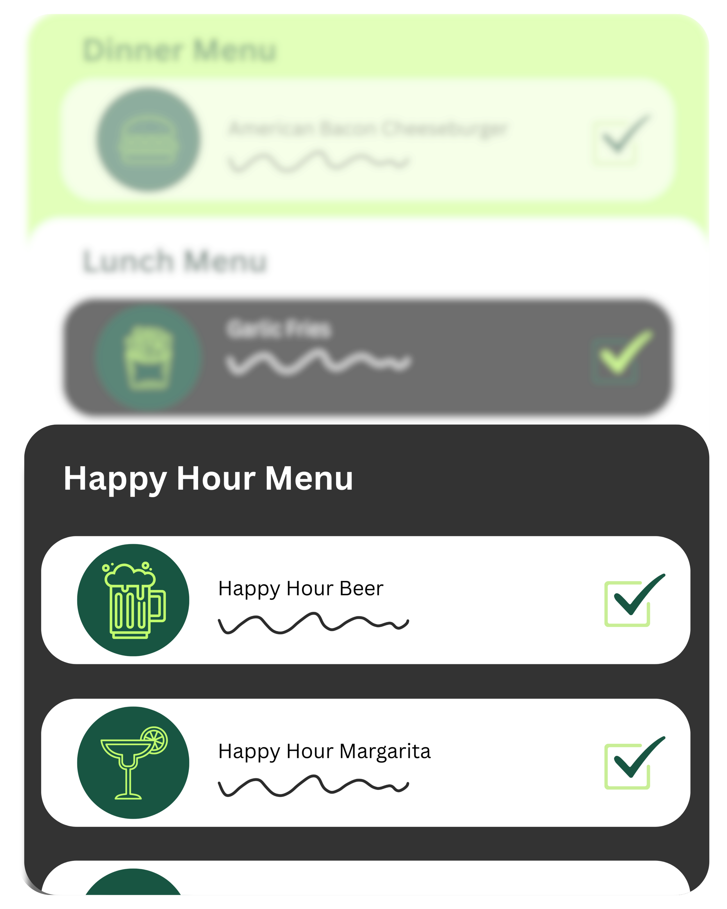 Clover restaurant create different menus for lunch dinner and happy hour