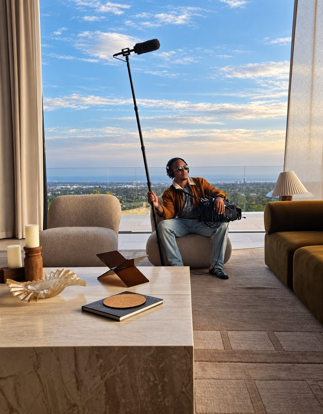 Chavez Gaitan seated with a boom microphone, headphones, and sound bag overlooking the city