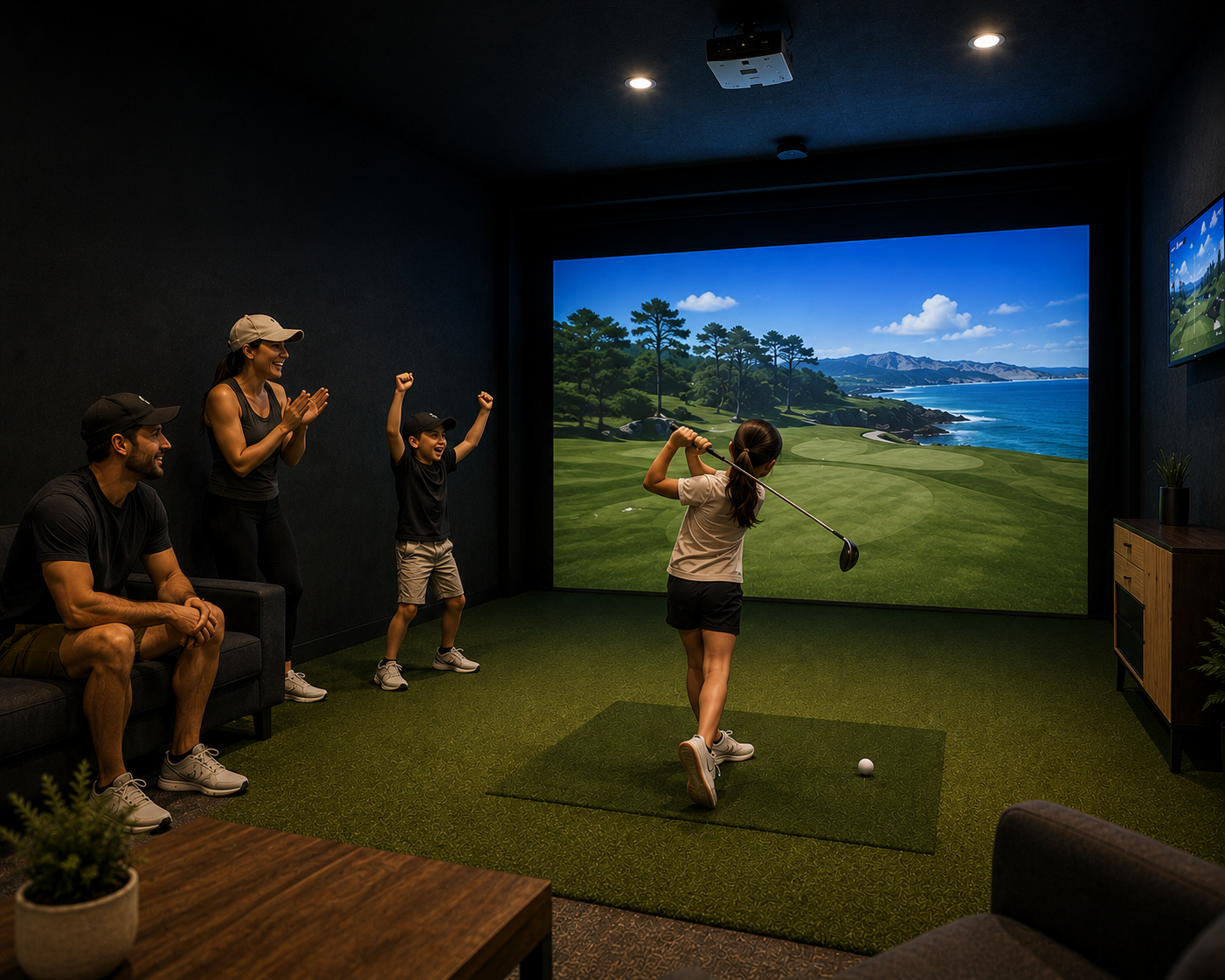 A family cheering as a young golfer swings inside the Modern Eagle simulator bay