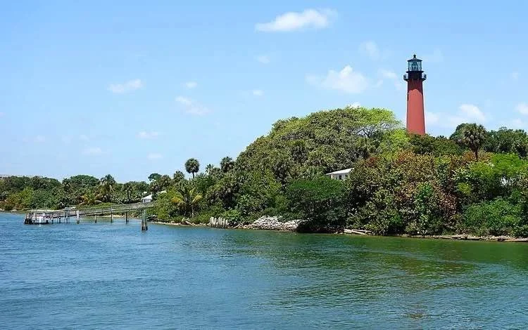Jupiter Inlet Lighthouse across the water, surrounded by trees and shoreline.