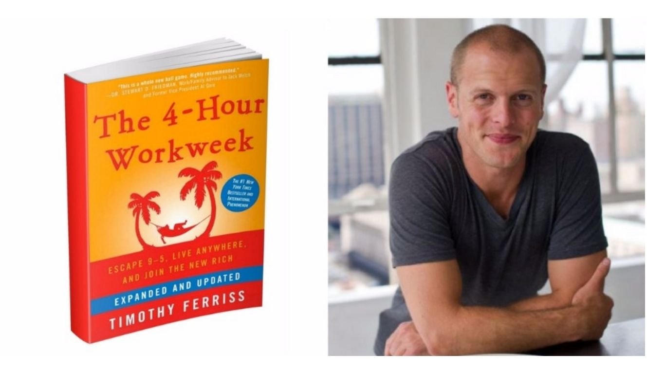 A person sitting in a well-lit room with a copy of “The 4-Hour Workweek” by Timothy Ferriss, which promotes escaping the 9-5 routine to live freely and prosperously.